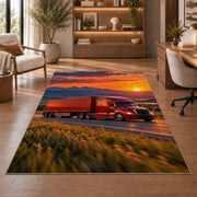 Red semi truck at sunset rug in a home office with wooden shelves