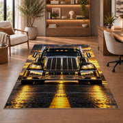 Chrome semi truck front rug in a home office with wooden shelves