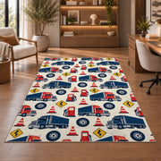 Semi truck pattern rug in a home office with wooden shelves
