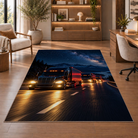 Semi truck convoy at night rug in a home office with wooden shelves