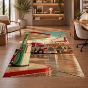 Retro truck stop rug in a home office with wooden shelves
