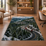 Semi truck on mountain pass rug in a home office with wooden shelves