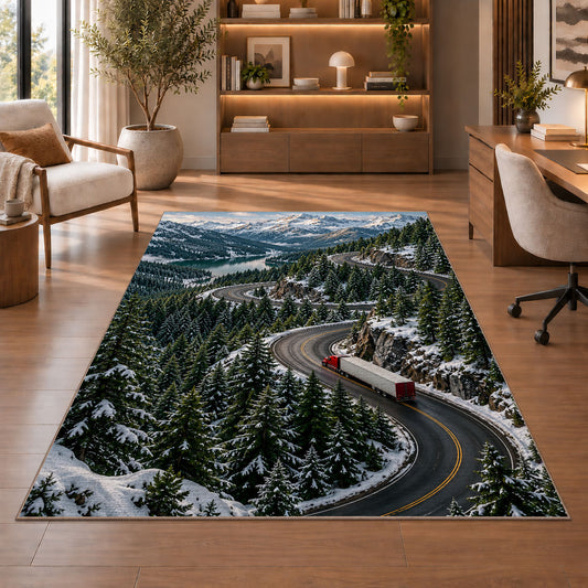 Semi truck on mountain pass rug in a home office with wooden shelves