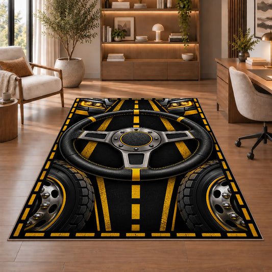Truck steering wheel rug in a home office with wooden shelves