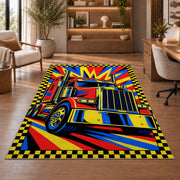 Pop art semi truck rug in a home office with wooden shelves