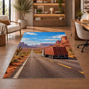Semi truck on desert highway rug in a home office with wooden shelves