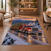 Christmas tree semi truck rug in a home office with wooden shelves