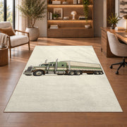 Vintage 1950s truck rug in a home office with wooden shelves