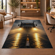Semi truck headlights in fog rug in a home office with wooden shelves