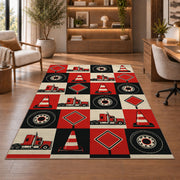 Checkered trucks and road signs rug in a home office with wooden shelves