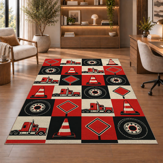 Checkered trucks and road signs rug in a home office with wooden shelves