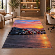 Semi trucks at a truck stop at sunrise rug in a home office with wooden shelves