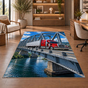 Semi truck crossing a steel bridge rug in a home office with wooden shelves