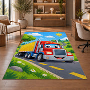 Cute cartoon semi truck rug in a home office with wooden shelves