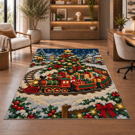 Christmas Train Rug in a home office with wooden shelves