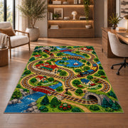 Train Track Play Rug in a home office with wooden shelves