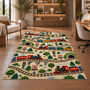 Train Pattern Rug in a home office with wooden shelves