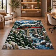 Mountain Train Bridge Rug in a home office with wooden shelves