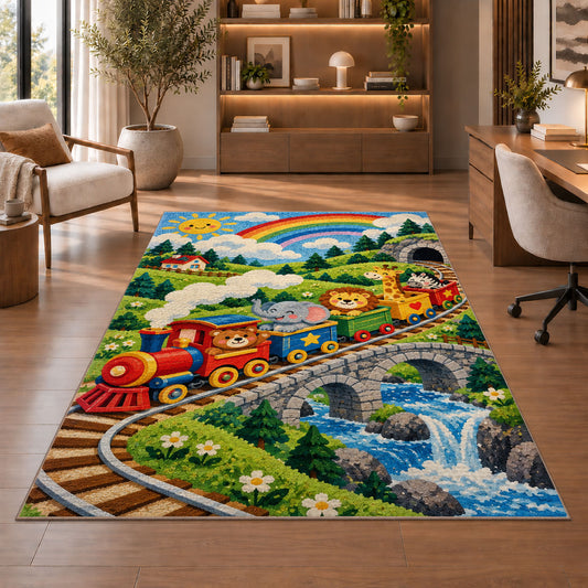 Wooden Toy Train Rug in a home office with wooden shelves