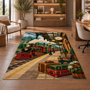 Vintage Train Station Rug in a home office with wooden shelves