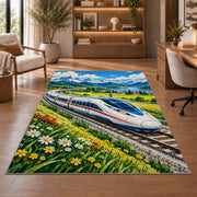 High Speed Train Rug in a home office with wooden shelves