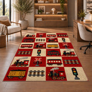 Retro Train Checkered Rug in a home office with wooden shelves