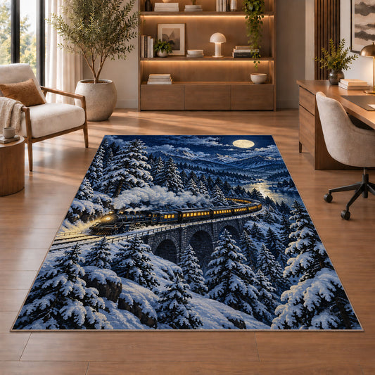 Winter Night Train Rug in a home office with wooden shelves