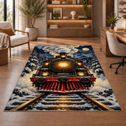 Steam Locomotive Front View Rug in a home office with wooden shelves