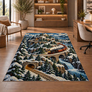 Mountain Railway Rug in a home office with wooden shelves
