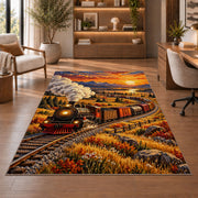 Freight Train Sunset Rug in a home office with wooden shelves