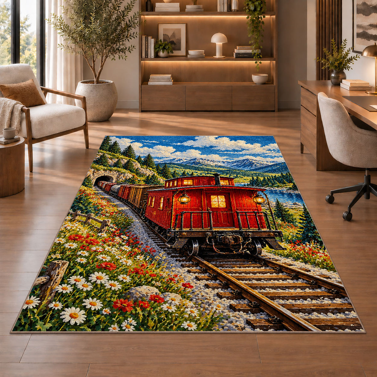 Red Caboose Rug in a home office with wooden shelves
