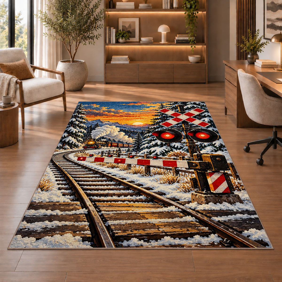 Railroad Crossing Rug in a home office with wooden shelves