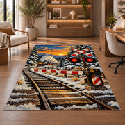 Railroad Crossing Rug in a home office with wooden shelves