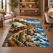 Coastal Train Rug in a home office with wooden shelves