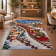 Christmas Village Train Rug in a home office with wooden shelves