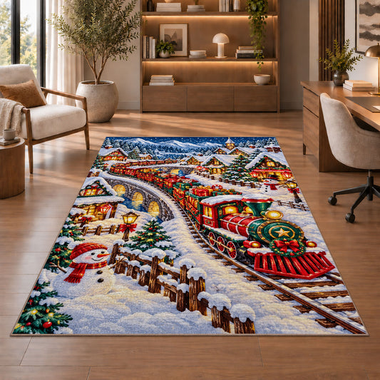 Christmas Village Train Rug in a home office with wooden shelves