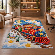 Teddy Bear Train Rug in a home office with wooden shelves