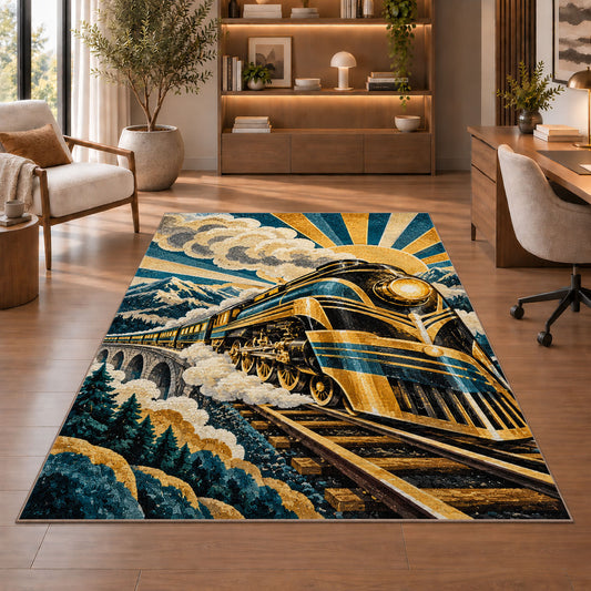 Art Deco Train Rug in a home office with wooden shelves