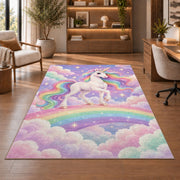 white unicorn on a rainbow rug in a home office with wooden shelves