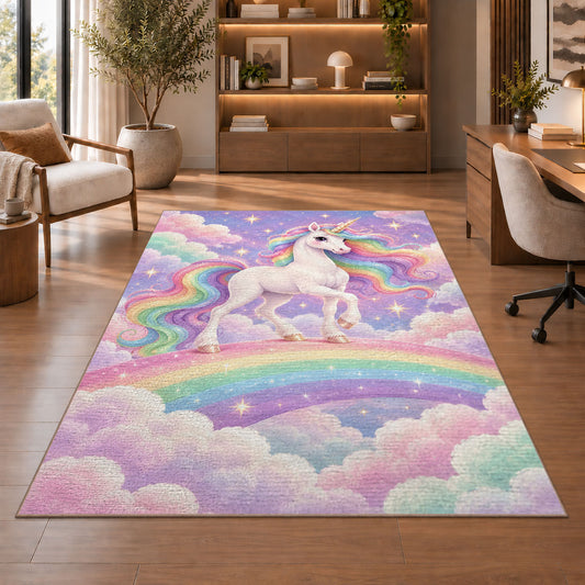 white unicorn on a rainbow rug in a home office with wooden shelves
