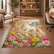 unicorn in a flower garden rug in a home office with wooden shelves