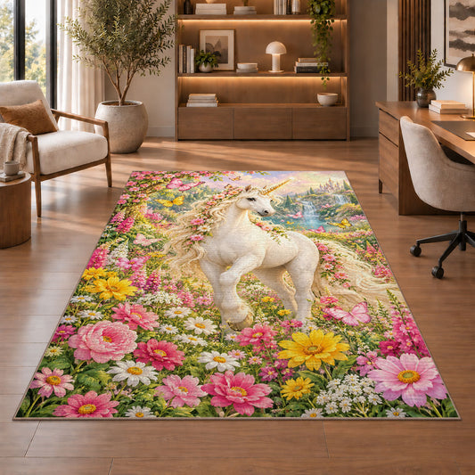 unicorn in a flower garden rug in a home office with wooden shelves