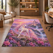 unicorn before a fairytale castle rug in a home office with wooden shelves
