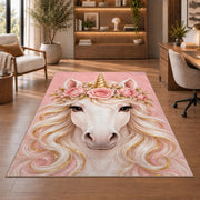 unicorn face with flower crown rug in a home office with wooden shelves