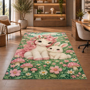 baby unicorn and bunny friend rug in a home office with wooden shelves