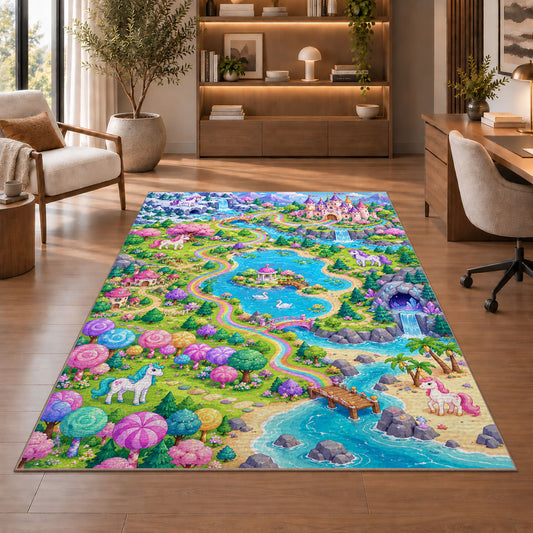 unicorn land map rug in a home office with wooden shelves