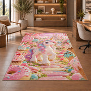 unicorn in a candy garden rug in a home office with wooden shelves
