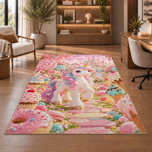 unicorn in a candy garden rug in a home office with wooden shelves