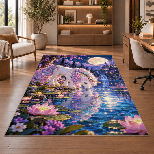 unicorn drinking at a moonlit lake rug in a home office with wooden shelves