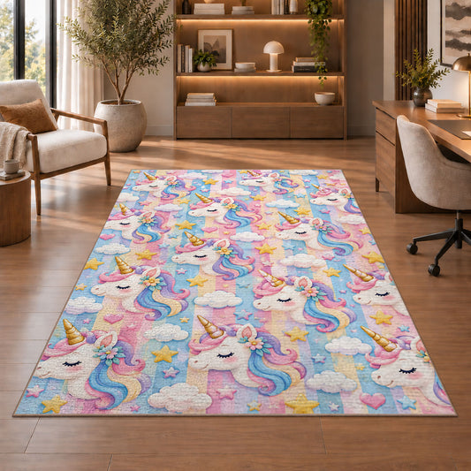 unicorn heads and stars pattern on pastel stripes rug in a home office with wooden shelves